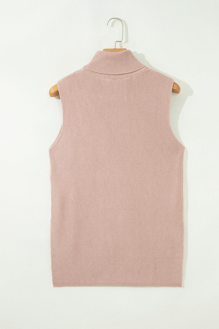 Light French Beige Sleeveless High Neck Knit Wool Sweater Vest