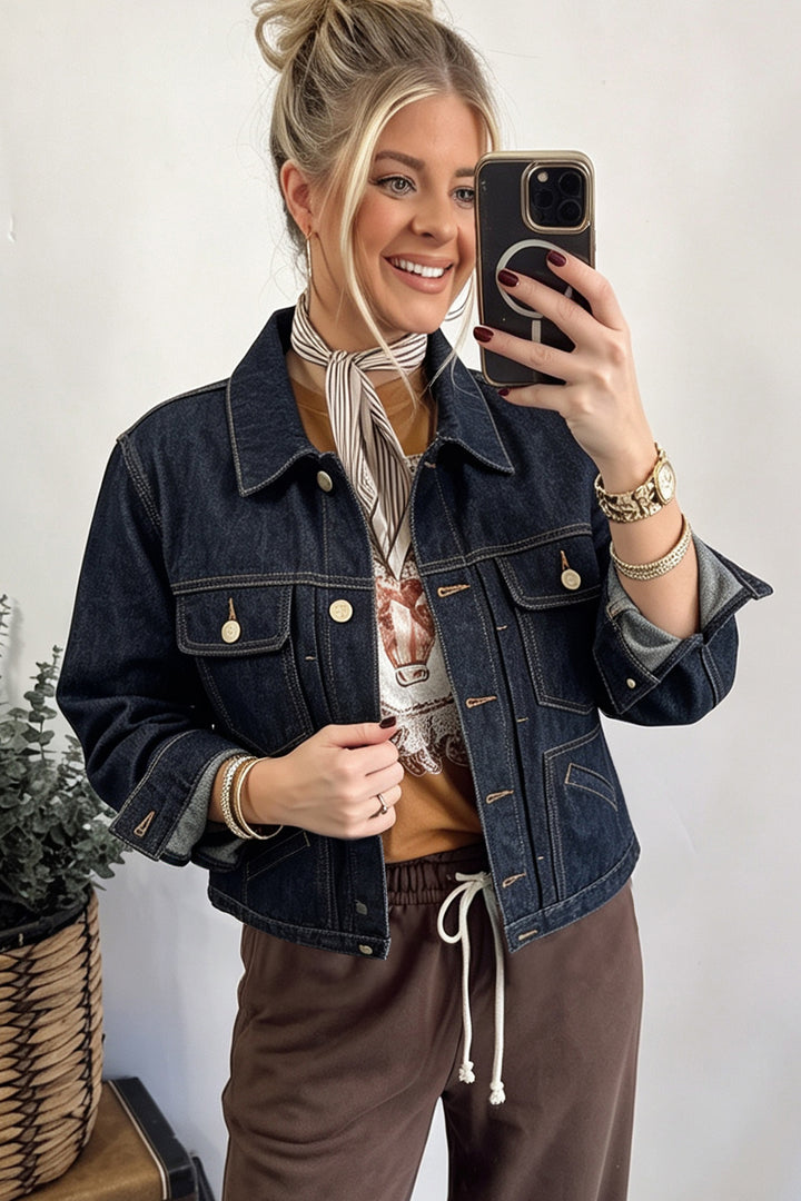 Navy Blue Contrast Stitched Detail Pocketed Vintage Denim Jacket