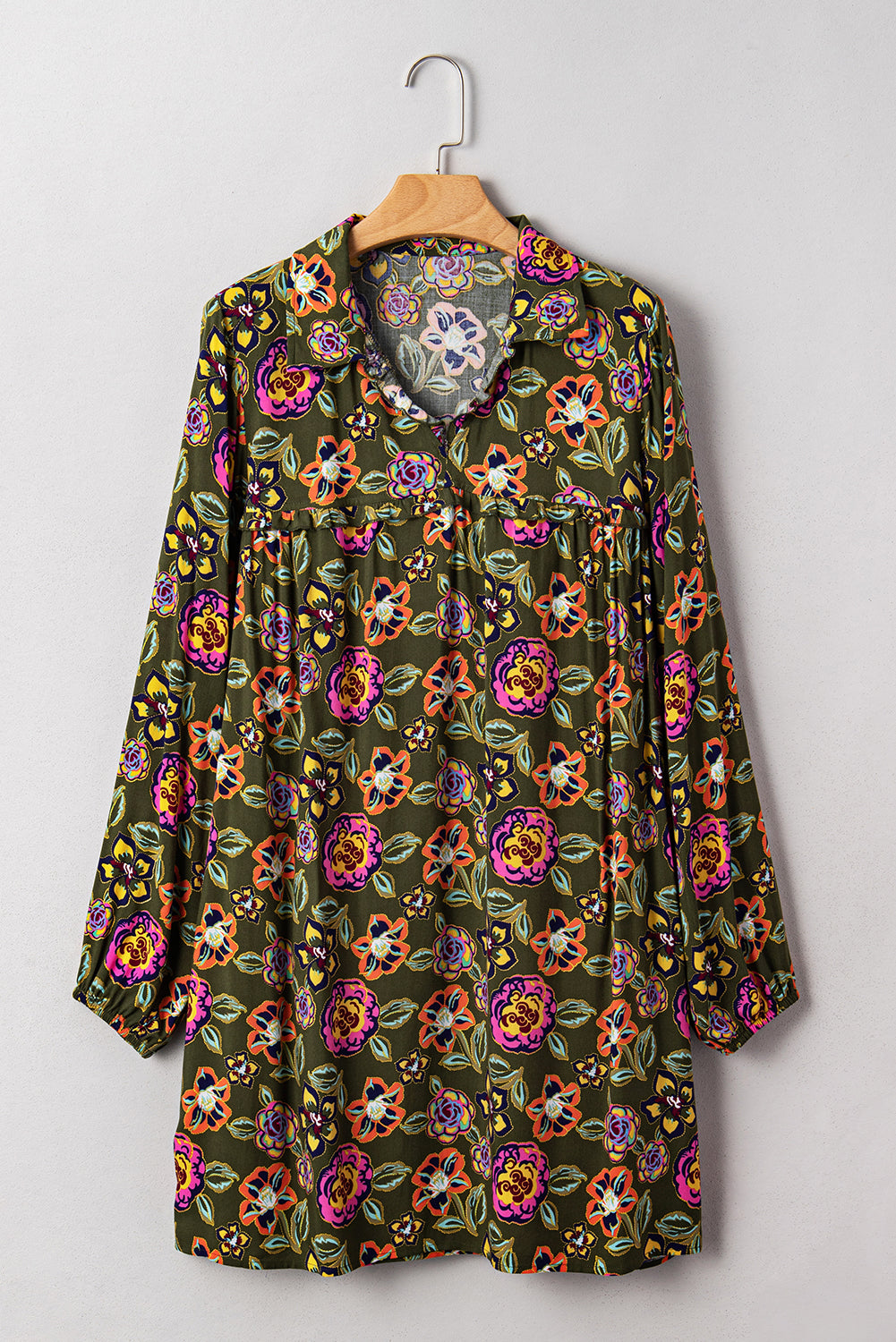 Floral Print Split Neck Bubble Sleeve Shift Mini Dress