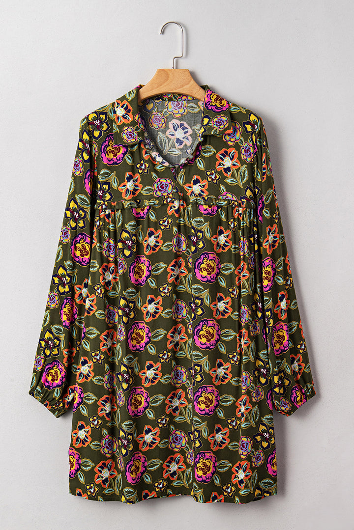Floral Print Split Neck Bubble Sleeve Shift Mini Dress