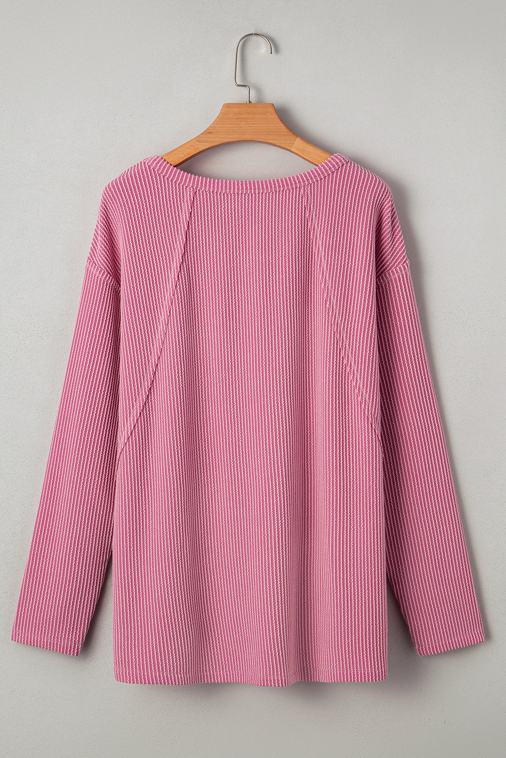 Pink Twisted Rib Texture Exposed Seam Patchwork Loose Long Sleeve Top
