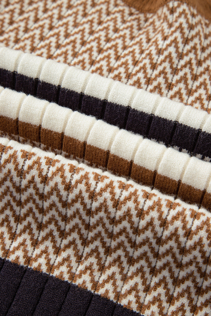 Brown Stripe Stylish Pattern Knitted Ribbed Trim Slim Sweater