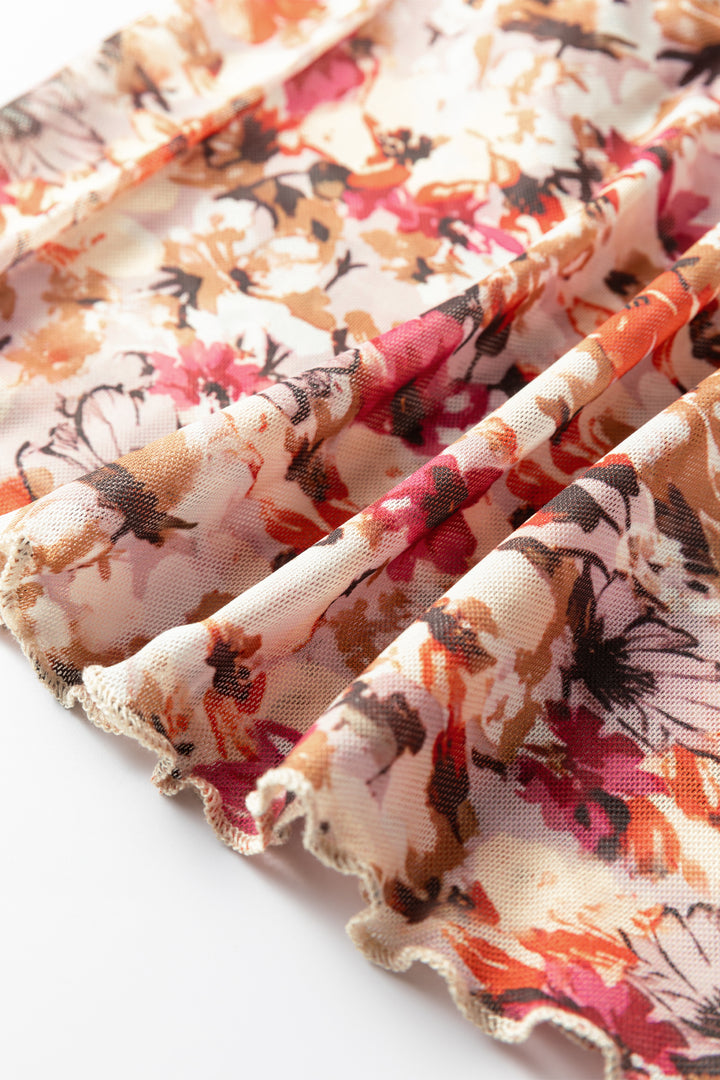 Lettuce Trim Floral Print Mesh Long Sleeve Top