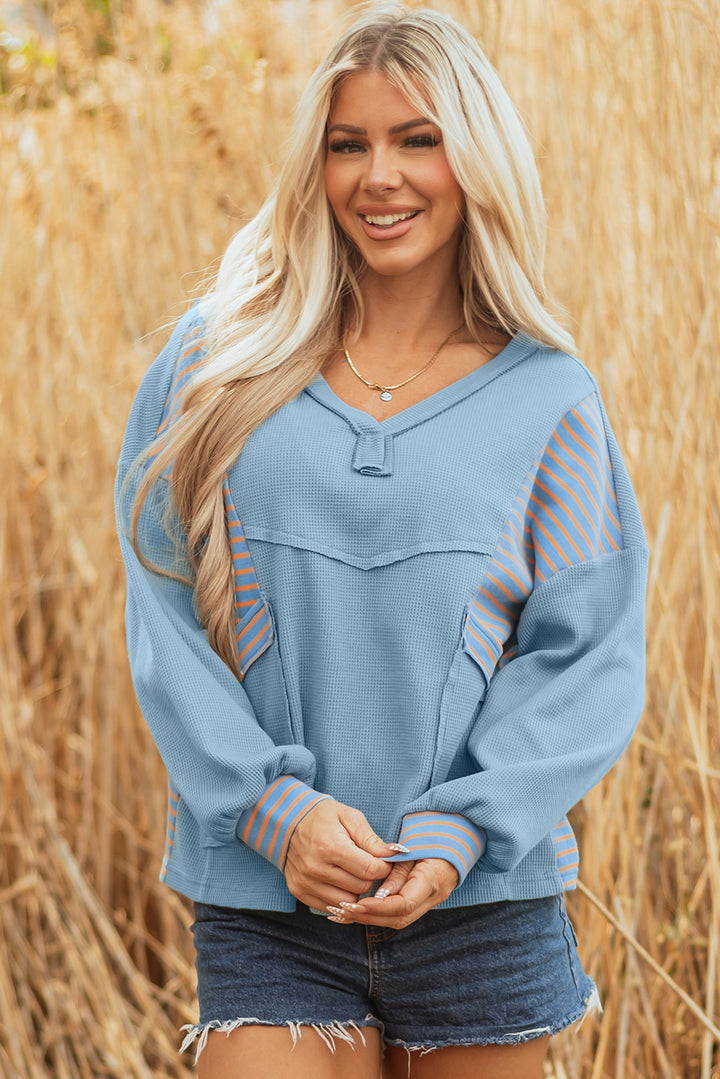 Blue Exposed Seam Waffle Striped Patchwork Baggy Pullover