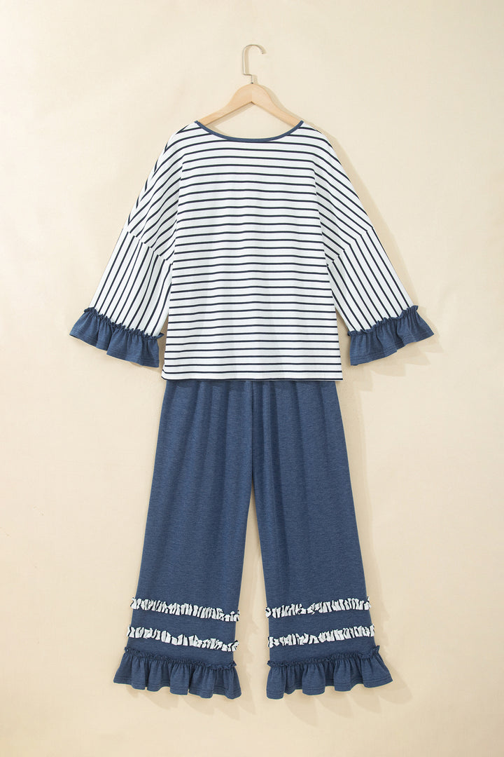 Blue Stripe V Neck Ruffle Contrast Sleeve Top Drawstring Pants 2pcs Set