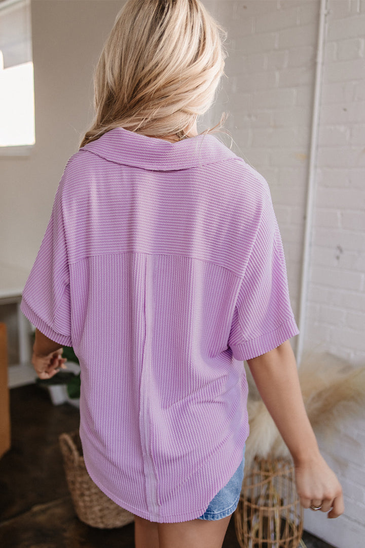 Corded Flap Pocket Collared Buttoned Short Sleeve Blouse