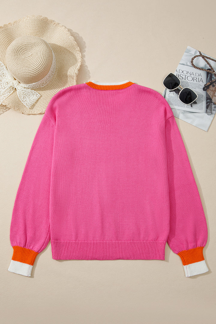 Sachet Pink Contrast Crew Neck Pearled Decor Drop Shoulder Knit Sweater