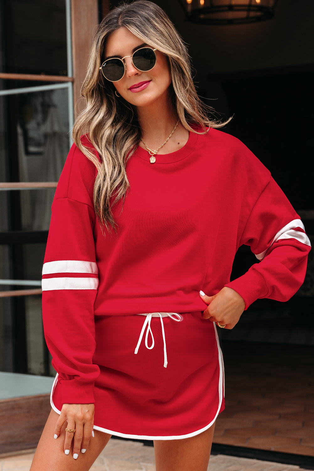 Fiery Red Varsity Stripe Detail Pullover Mini Skort Set