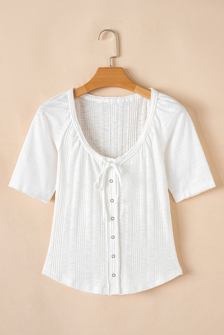 snap button drawstirng tie neck textured half sleeve shirt