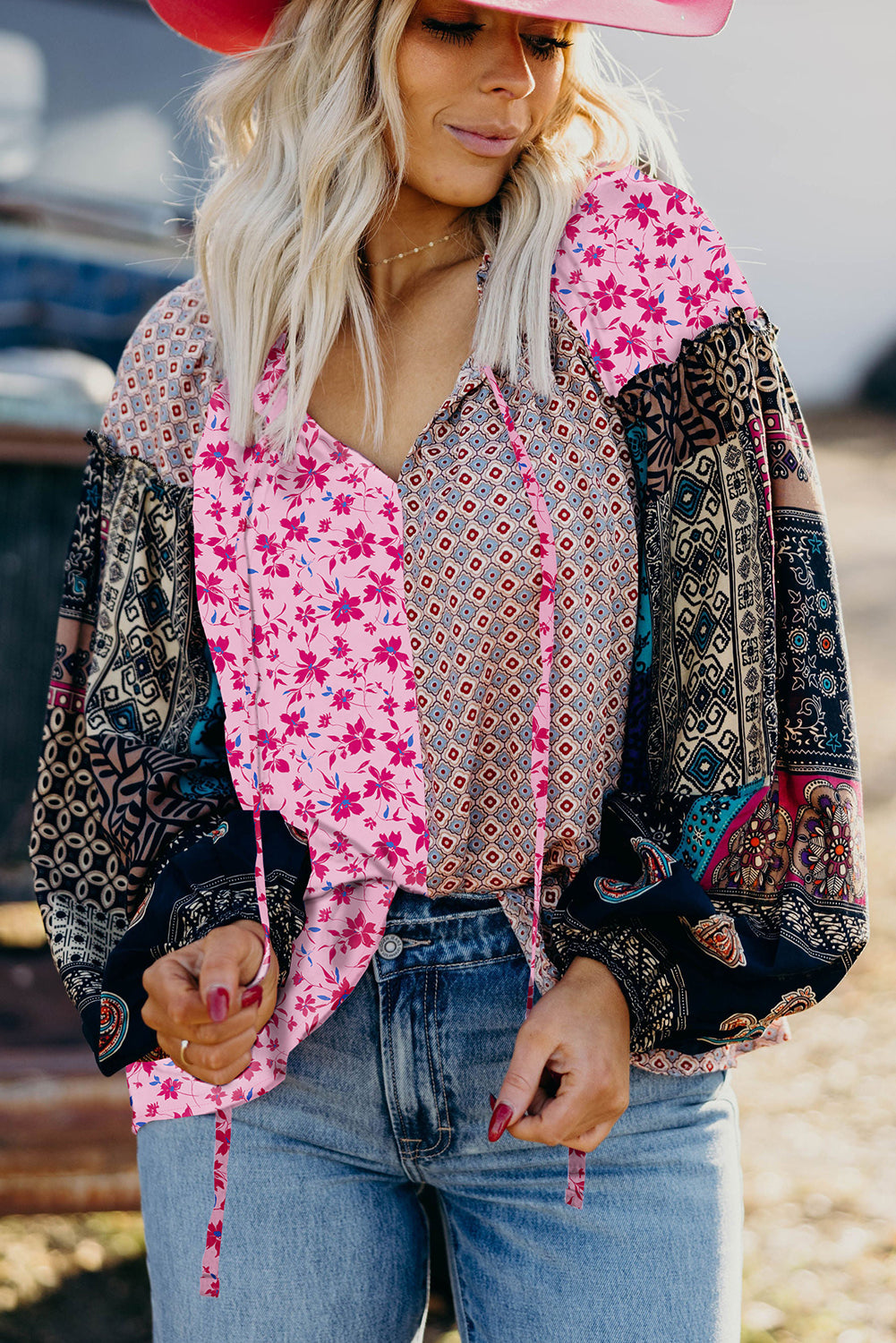 Boho Mixed Floral Drop Shoulder Bubble Sleeve Blouse