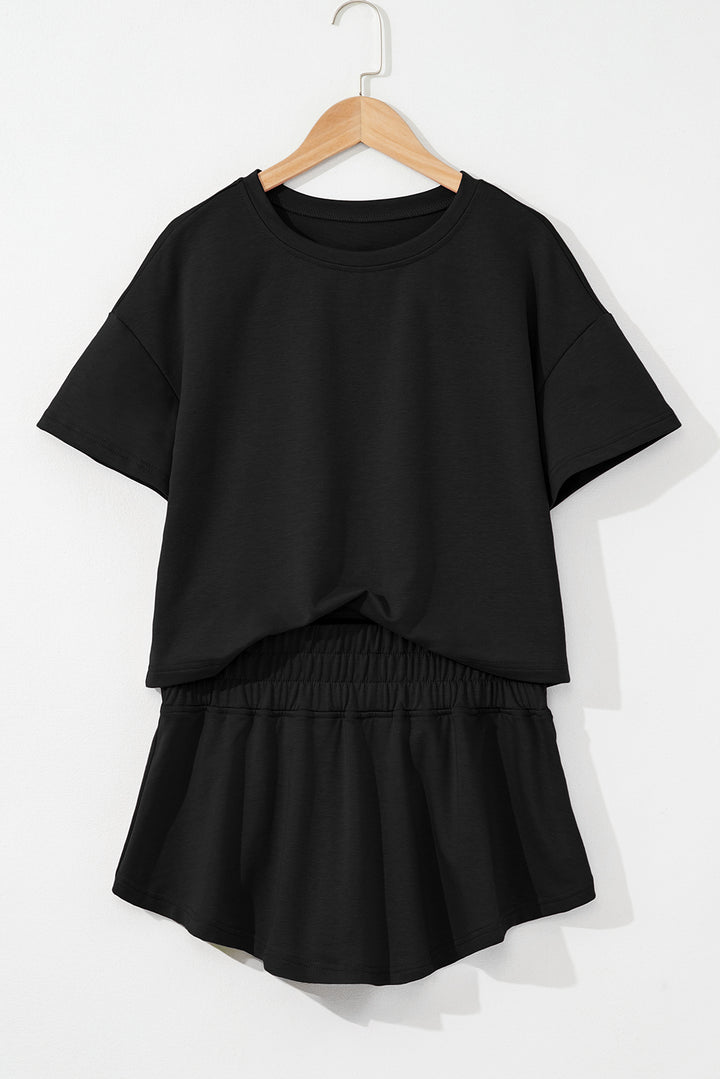 Black 2pcs Cropped Tee and Ruffle High Waist Skort Set