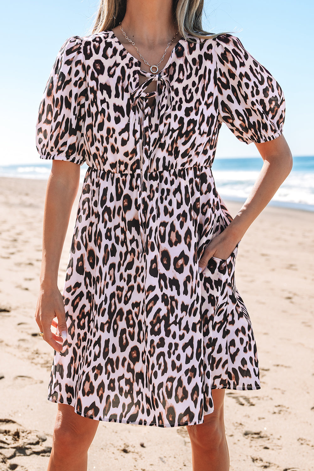 Leopard Tied Front Keyhole Puff Short Sleeve Mini Dress