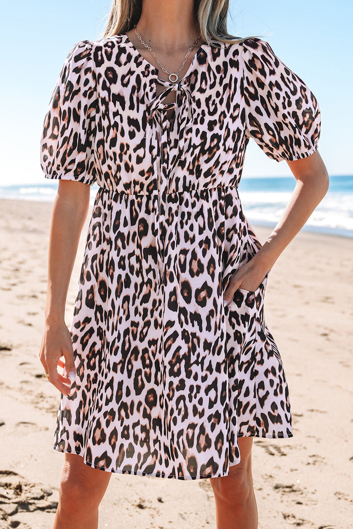 Leopard Tied Front Keyhole Puff Short Sleeve Mini Dress