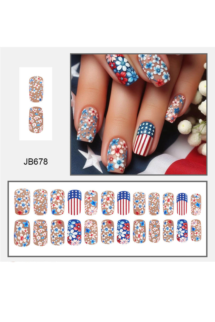 American Flag Flower Print Square False Nails