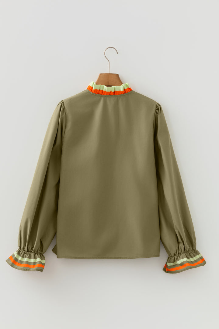 Four Leaf Clover Striped Trim Ruffle Split Neck Long Sleeve Blouse