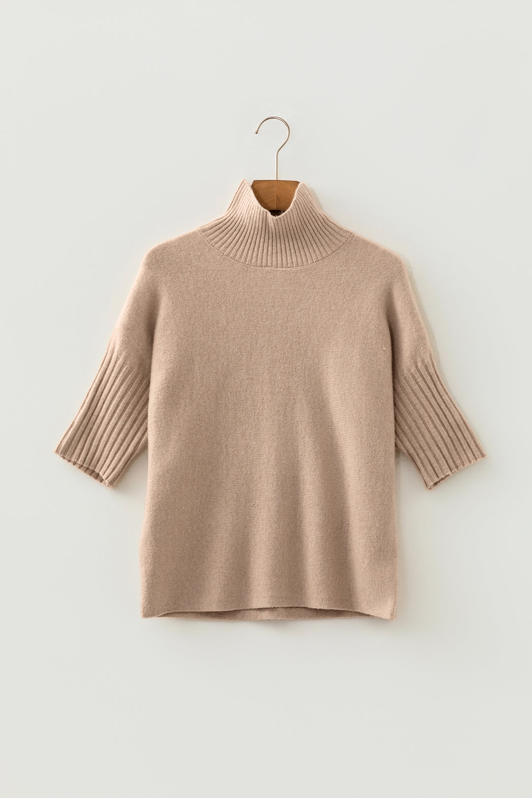 Beige Ribbed Trim High Neck Short Sleeve Casual Sweater