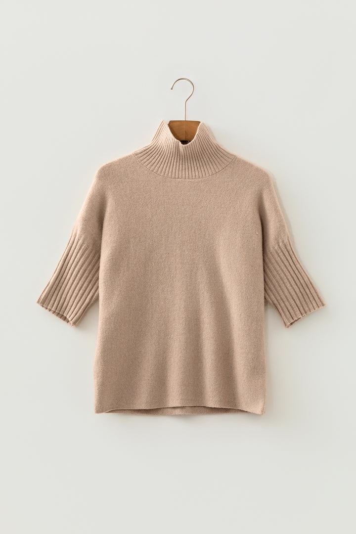 Beige Ribbed Trim High Neck Short Sleeve Casual Sweater