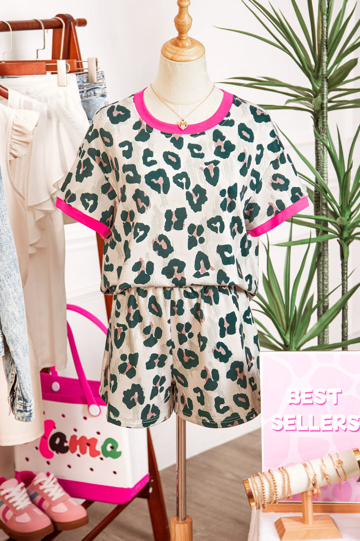 Brown Unique Leopard Print Contrast Trim Top Loose 2pcs Short Set