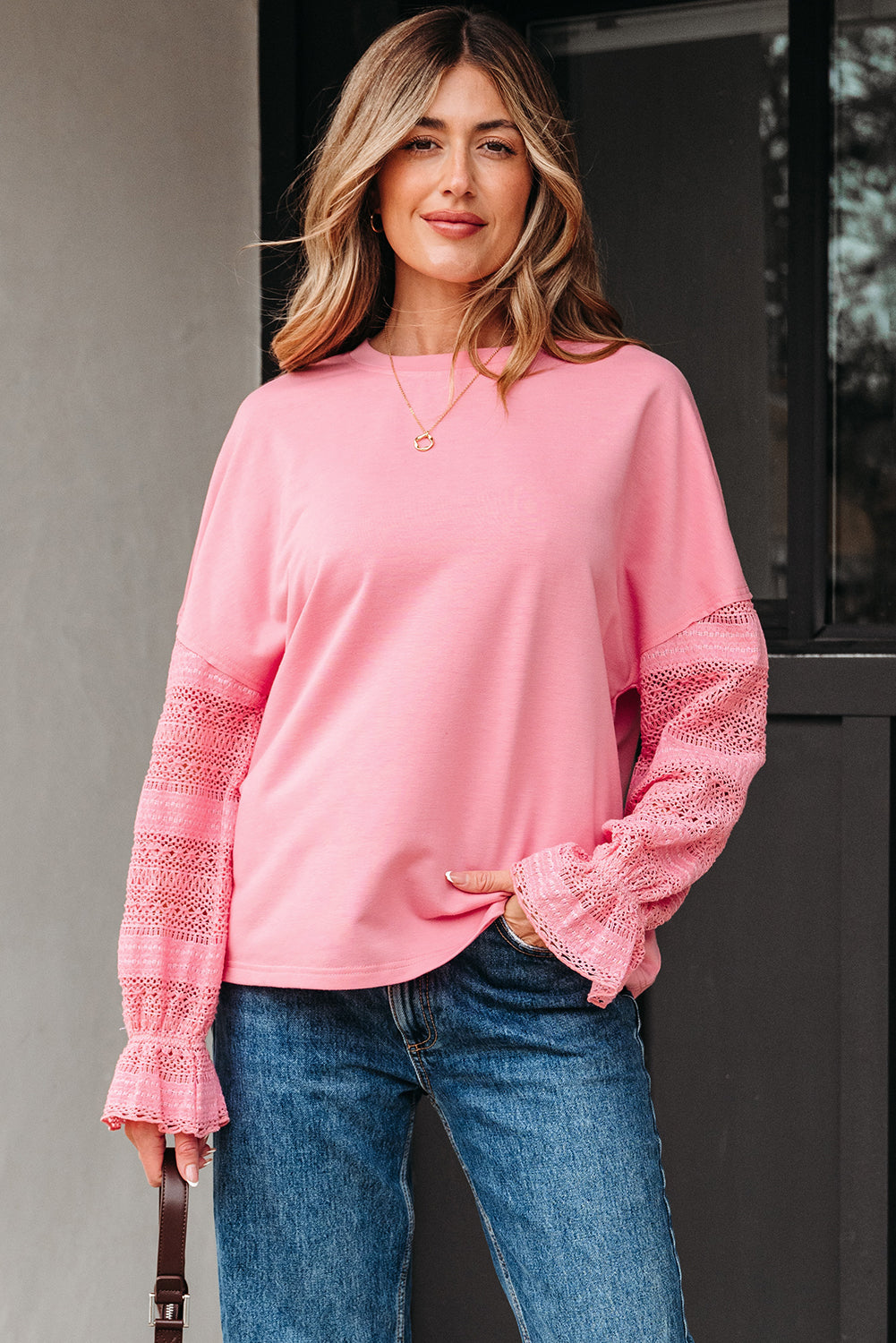 Drop Shoulder Lace Ruffled Sleeve Patchwork Loose Sweatshirt