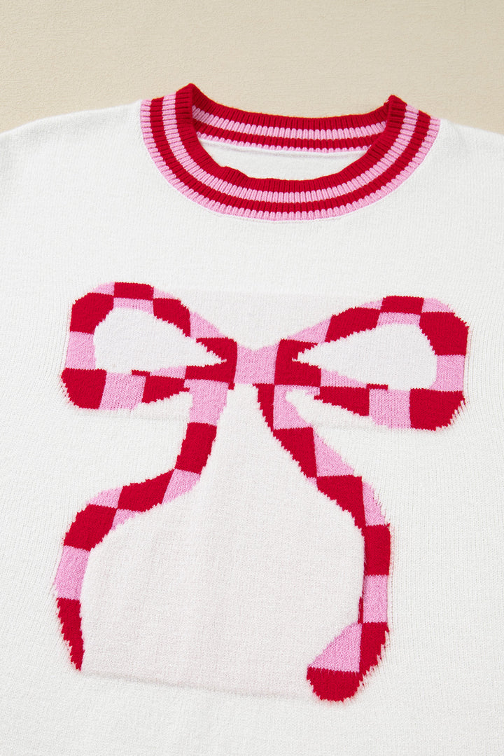 White Striped Trim Bow Graphic Round Neck Drop Shoulder Sweater