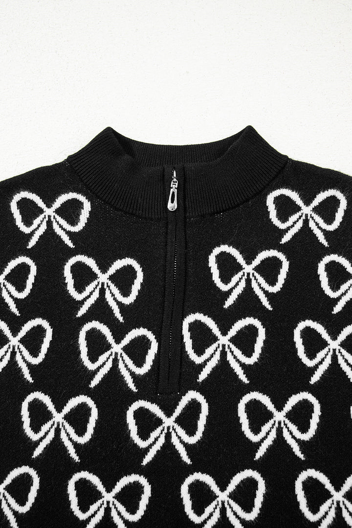 Cute Bow Pattern Drop Shoulder Zipped Collar Sweater