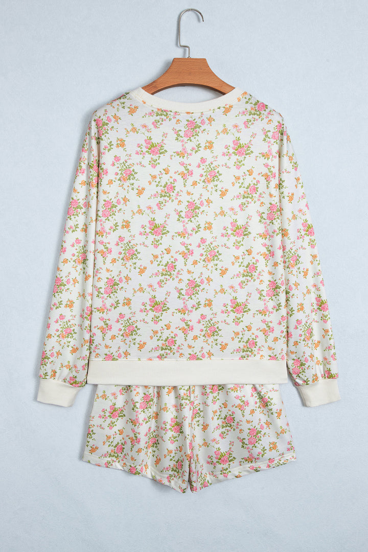 Beige Floral Print Long Sleeve Shift Top Pocketed Shorts 2pcs Set