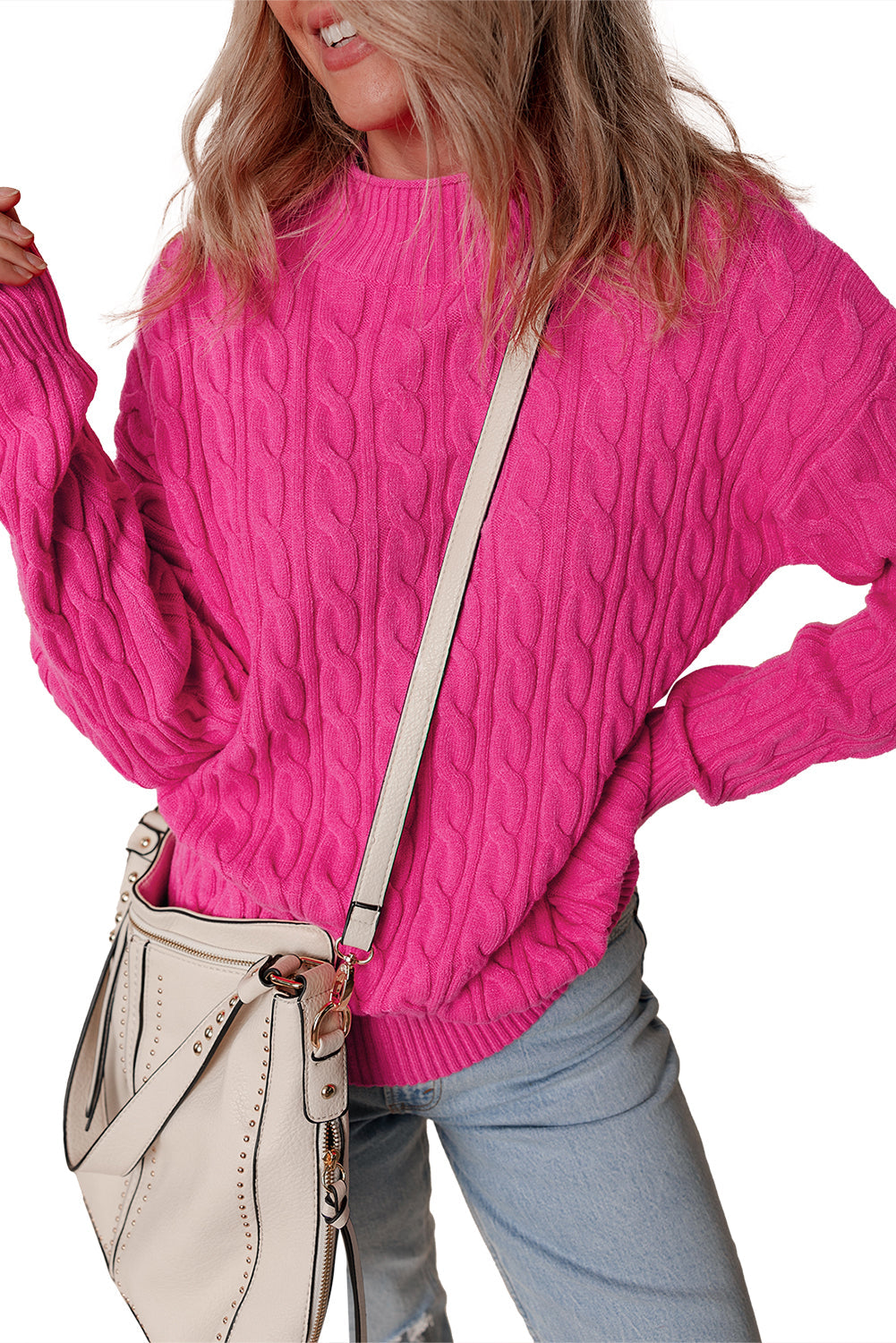 Solid Cable Knit High Neck Drop Shoulder Sweater