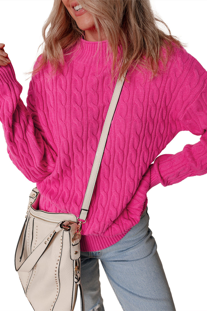 Solid Cable Knit High Neck Drop Shoulder Sweater
