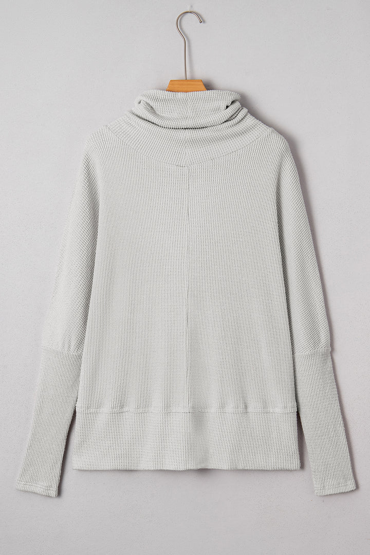 Light Grey Textured Knit Drawstring Cowl Neck Oversize Top with Side Slits