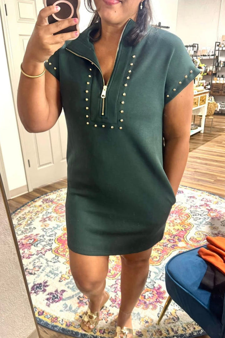 Evergreen Glow Studded Zip up Plus Size T Shirt Dress with Pockets