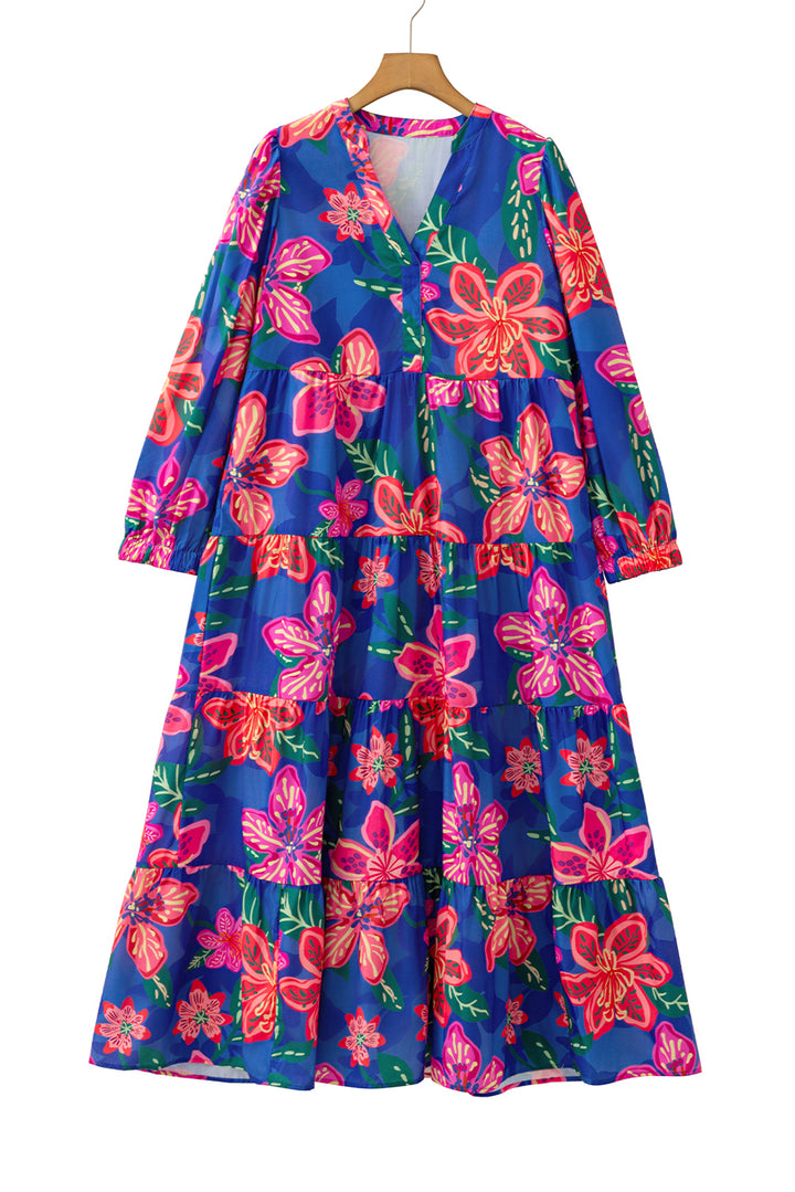 Blue Floral Print 3/4 Sleeve V Neck Tiered Long Dress