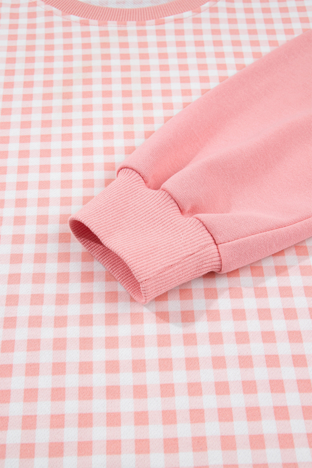 Pink Color Block Plaid Patchwork Long Sleeve Pullover Wide Leg Pant Set