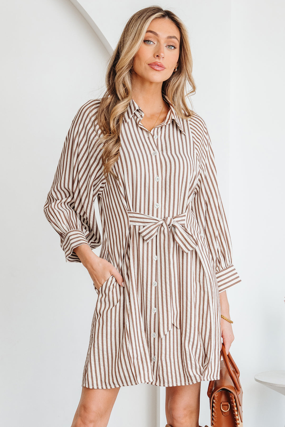 Knot Waist Puff Sleeve Button Down Mini Shirt Dress
