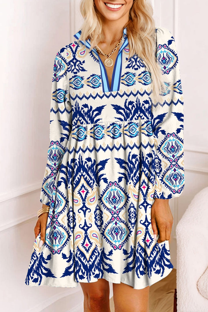 Boho Blue Ethnic Print Striped Split Neck Long Sleeve Flowy Mini Dress