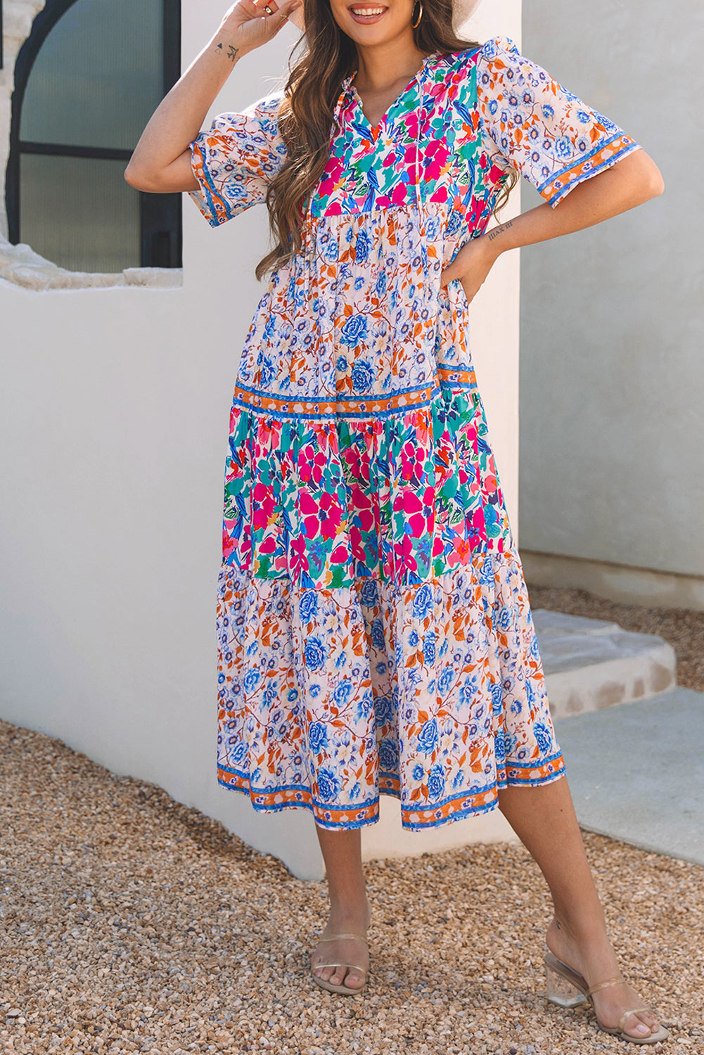 Mixed Floral Print Tie Split Neck Short Sleeve Dress