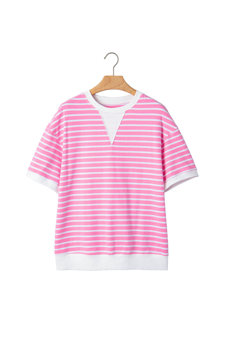 Pink Stripe Round Neck Short Sleeve Loose Top