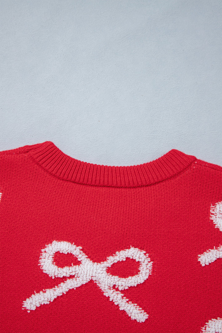 Fiery Red All Over Bow Dropped Shoulder Round Neck Shift Sweater