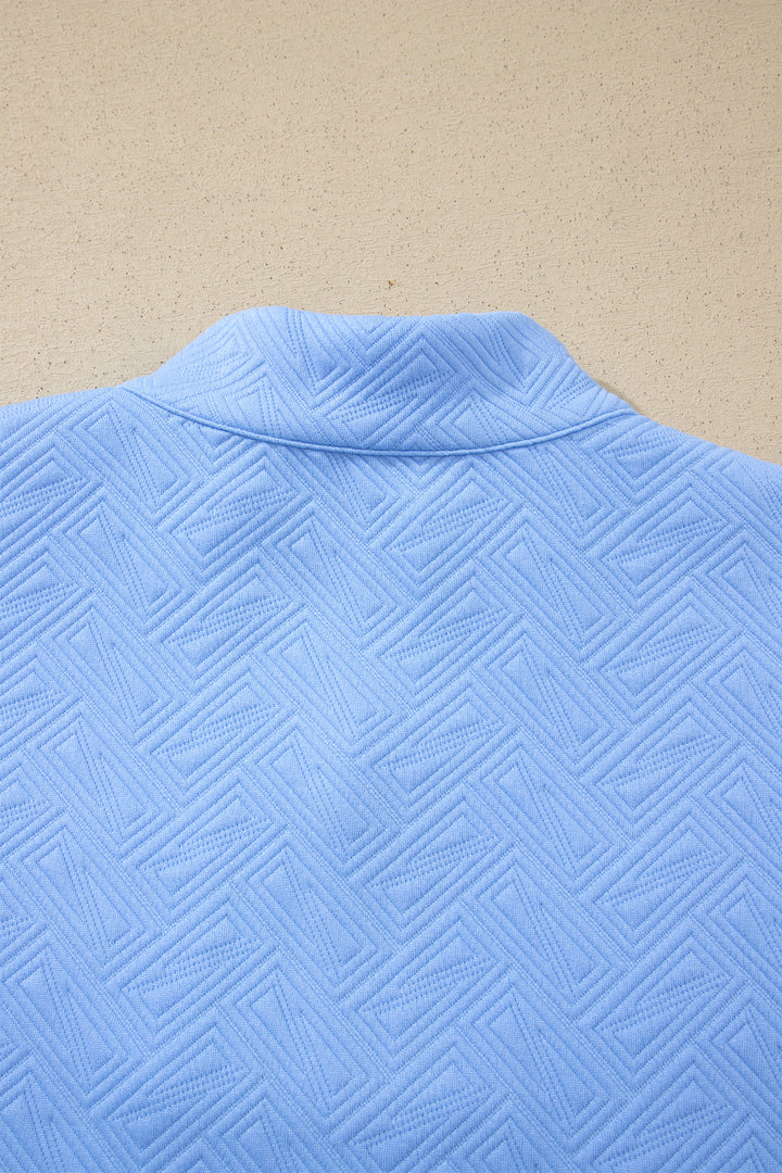 Myosotis Stylish Textured Stripe Trim Split Neck Puff Sleeve Top