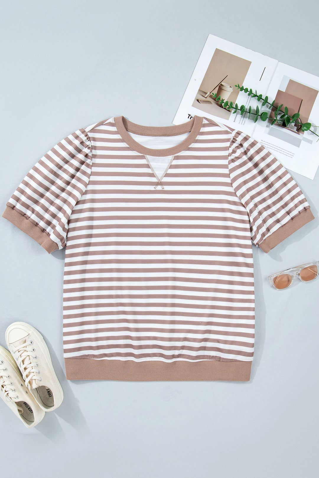 Orange Stripe Ribbed Trim Round Neck Short Puff Sleeve Plus T Shirt