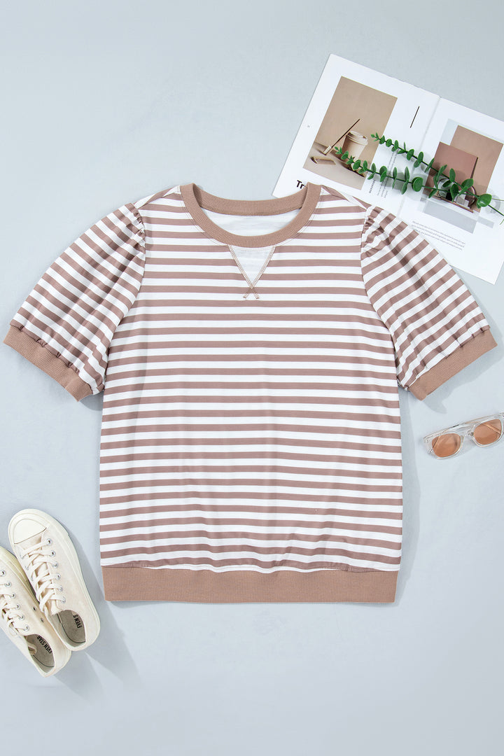 Orange Stripe Ribbed Trim Round Neck Short Puff Sleeve Plus T Shirt