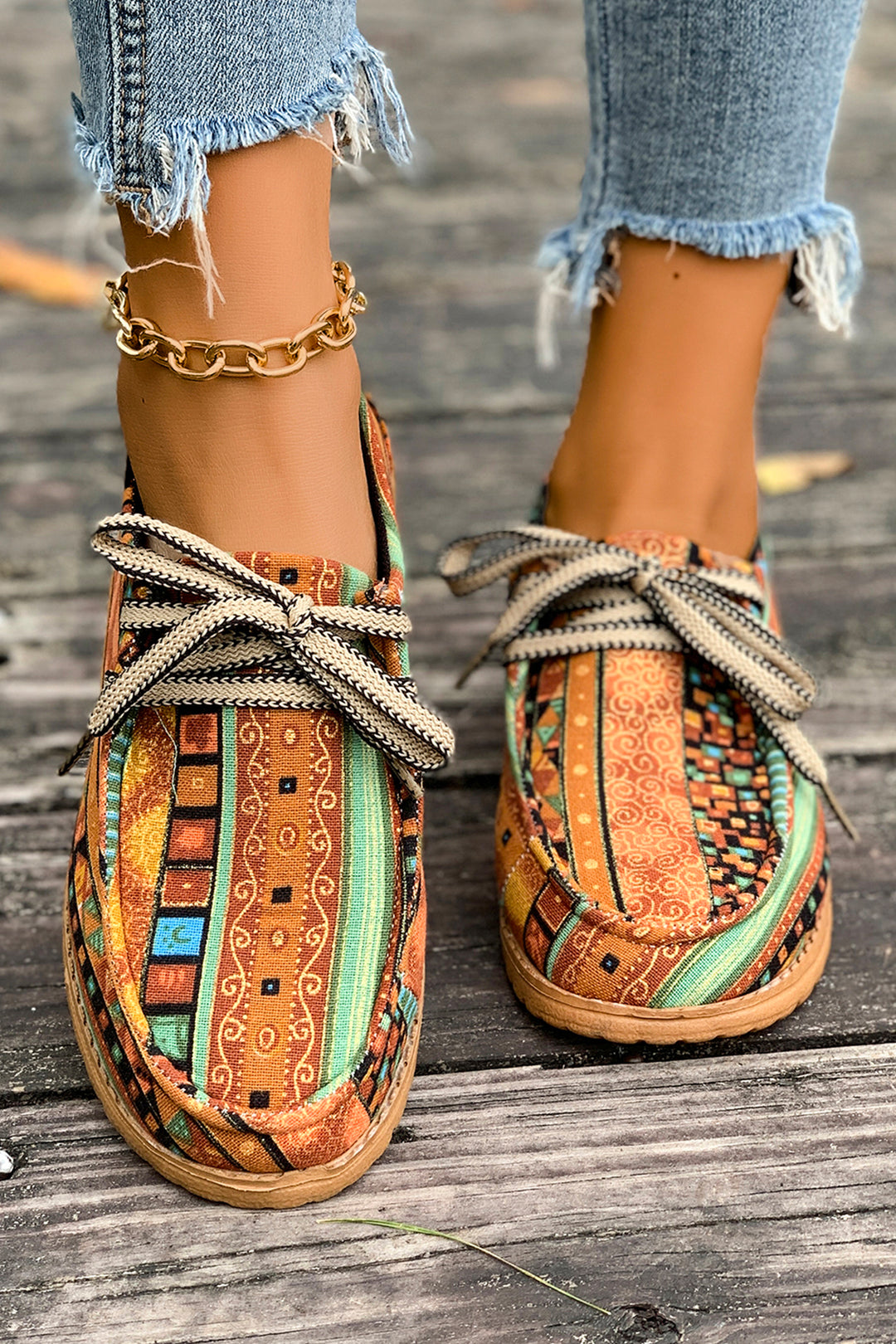 Ethnic Artistic Print Lace-up Detail Comfort Loafer Shoes