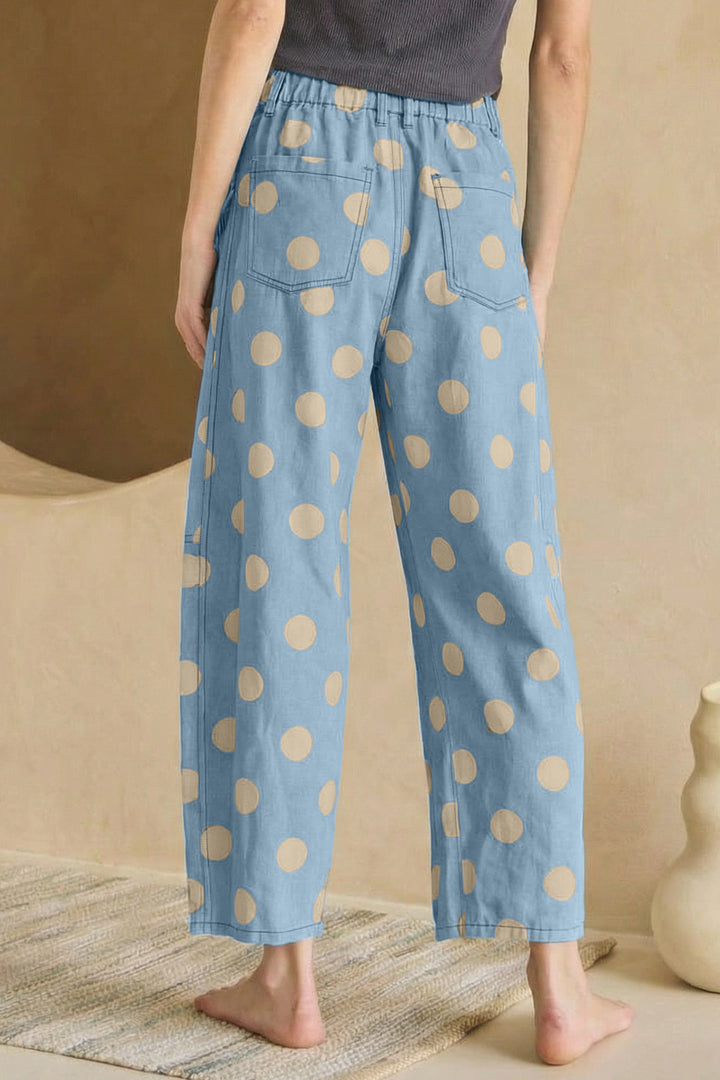 Sky Blue Polka Dot Print Bow Detail Pocketed Barrel Jeans
