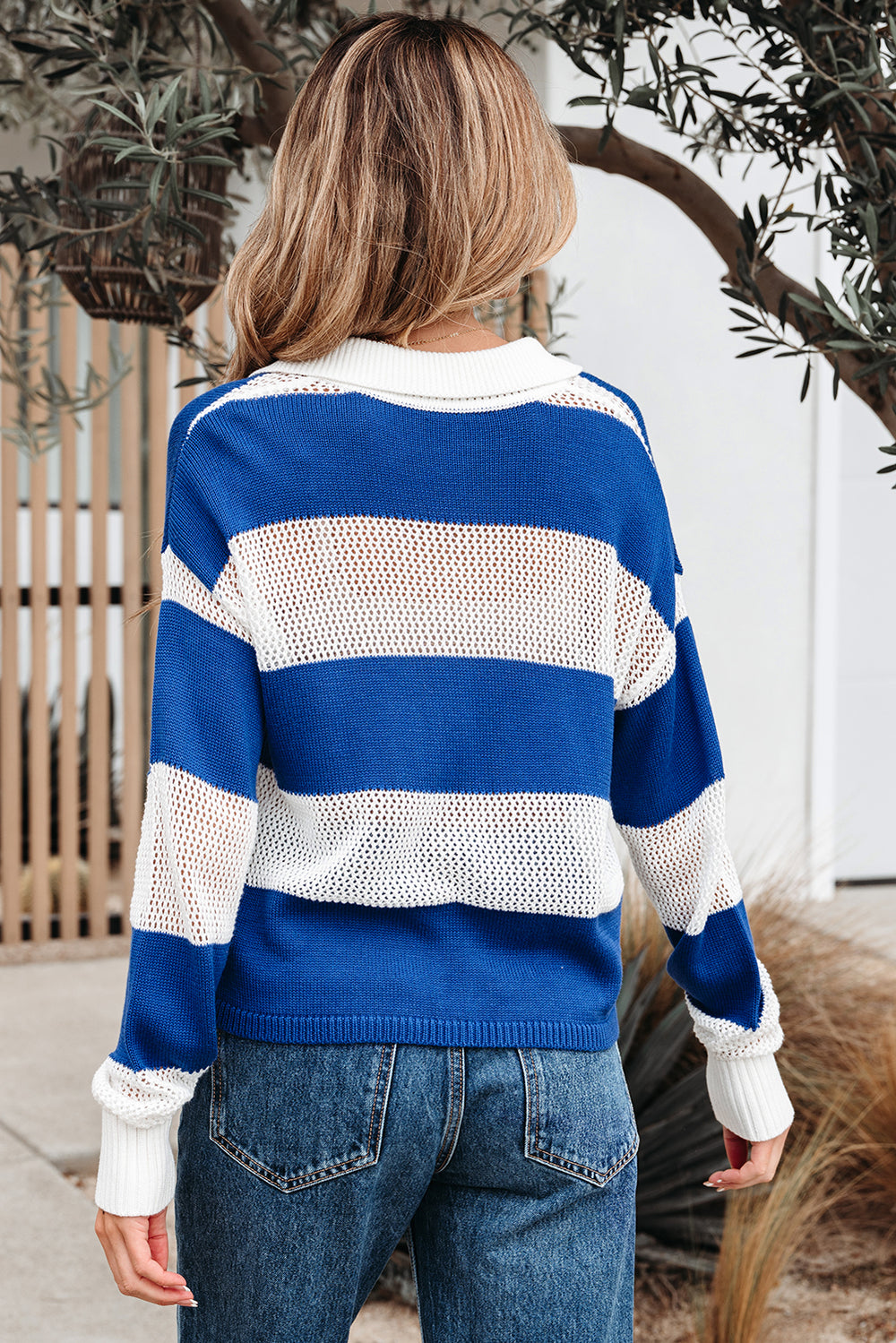 Colorblock Polo Collar Eyelet Crochet Knitted Sweater