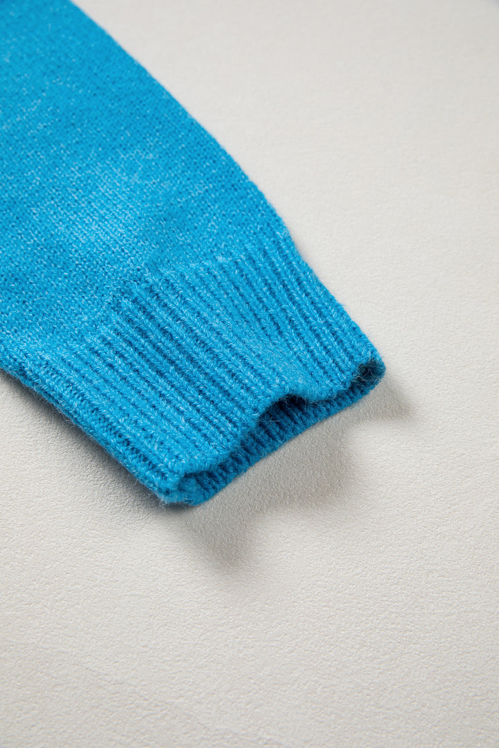 Sky Blue Western Embroidery Drop Shoulder Pullover Sweater