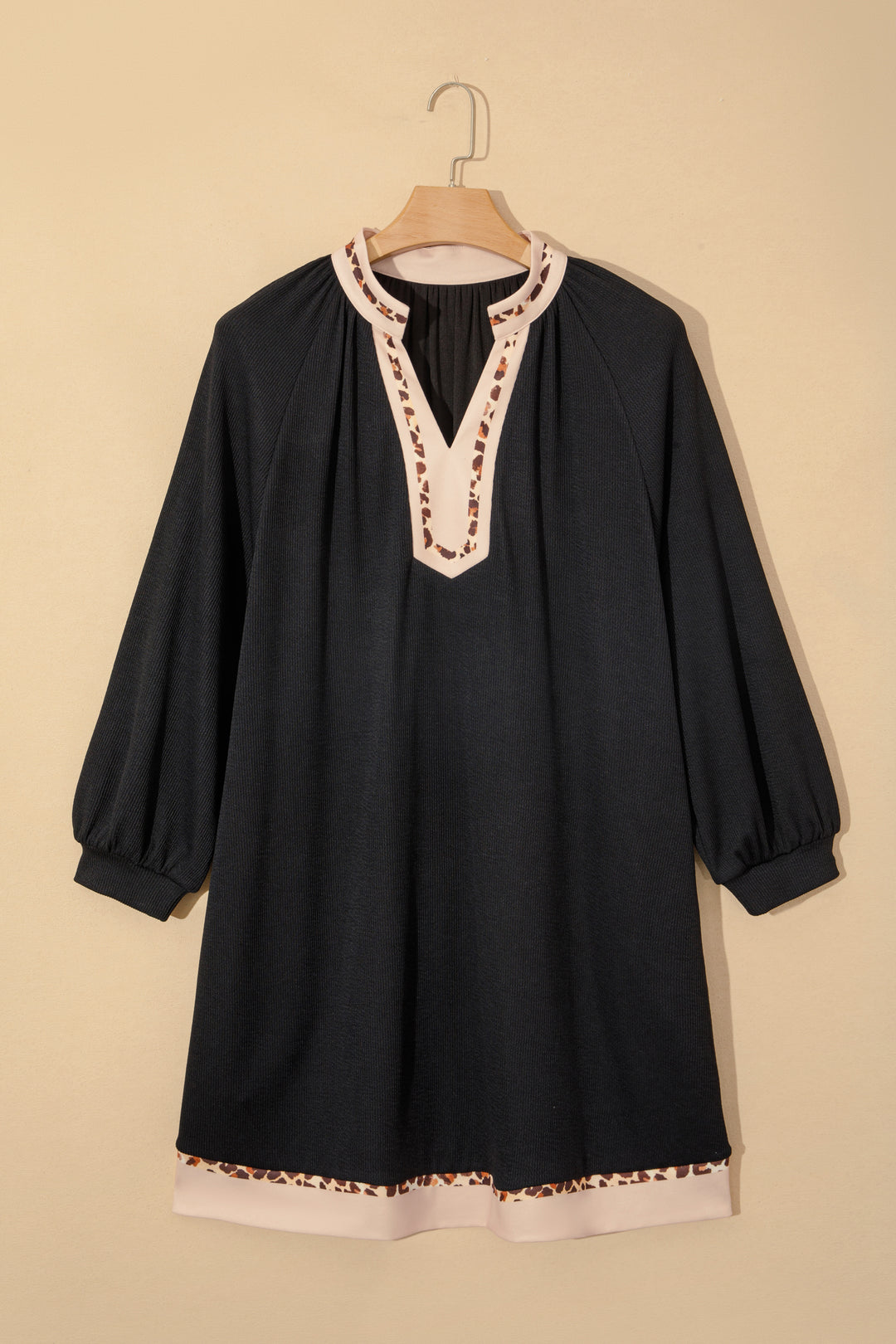 Black Contrast Color Block Leopard Trim Plus Size Ribbed Dress