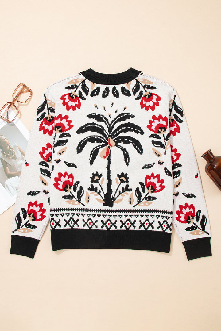 Floral Print Buttoned Front V Neck Knit Cardigan