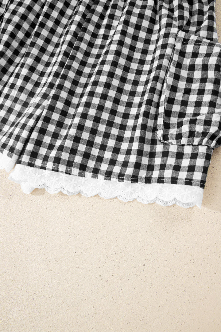 Black Gingham Lace Trim Shorts with Pouch Pockets