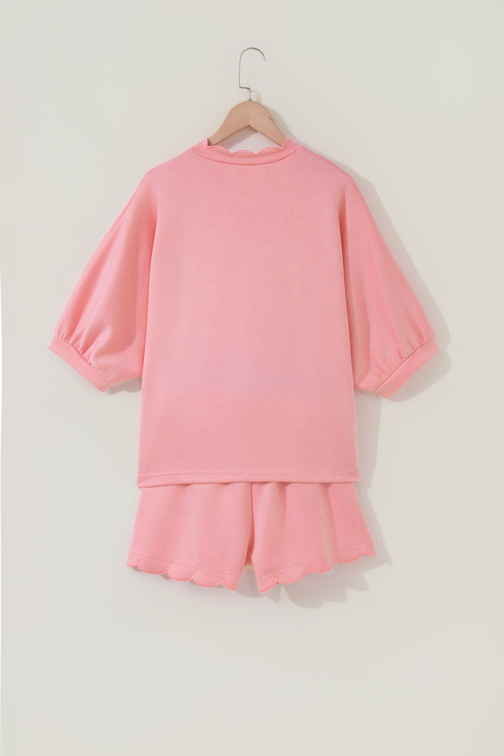 Gossamer Pink Scalloped V Neck Dolman Oversize Top Drawstring Short Set
