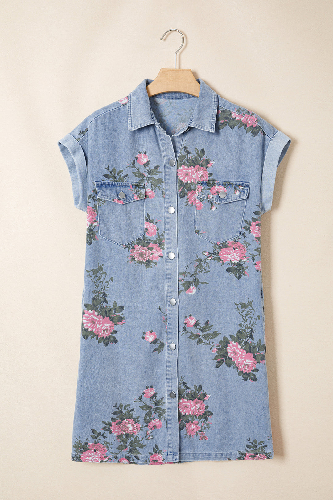 Sky Blue Denim Floral Print Cuffed Short Sleeve Shift Dress