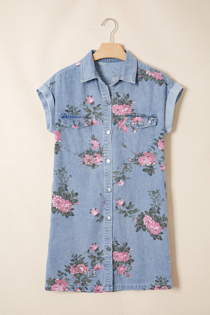 Sky Blue Denim Floral Print Cuffed Short Sleeve Shift Dress